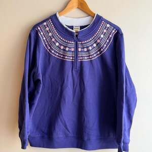 Blair Women's Purple Quarter-Zip Sweatshirt with Printed Floral -Size PXL